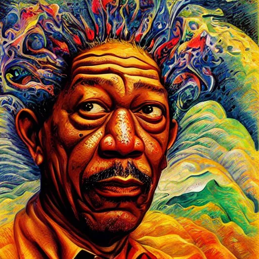 Image similar to morgan freeman as anthropomorphic god of fire, surreal by dan mumford and umberto boccioni, oil on canvas