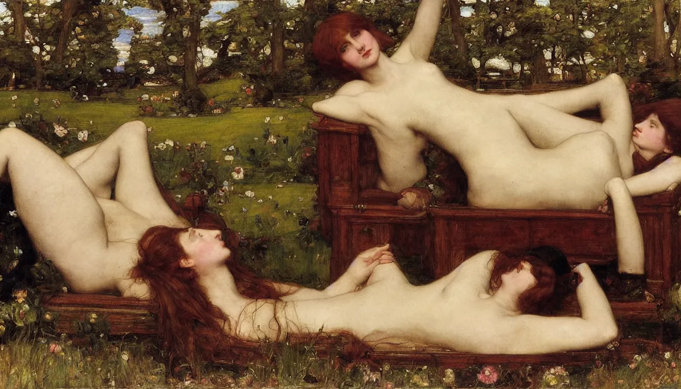 Prompt: A striking Pre-Raphaelite muse at leisure by John Collier, by John William Waterhouse, John Everett Millais