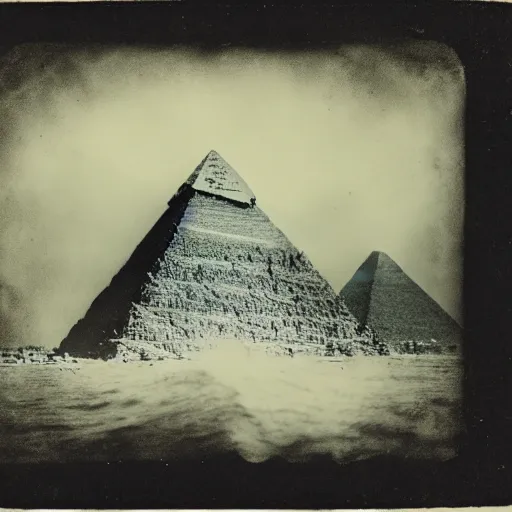 Image similar to tintype photo, underwater, Godzilla walking in front of the pyramids