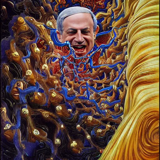 Image similar to benjamin netanyahu swirling into madness, abstract painting, by michael cheval and salvador dali and wayne barlowe