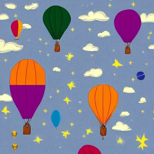 Prompt: smiling hippy, balloon journey, pulp adventure, flying camp, dark moody night sky, fluffy clouds of subtle opacity, cozy cabin, flying high, gradient aperture