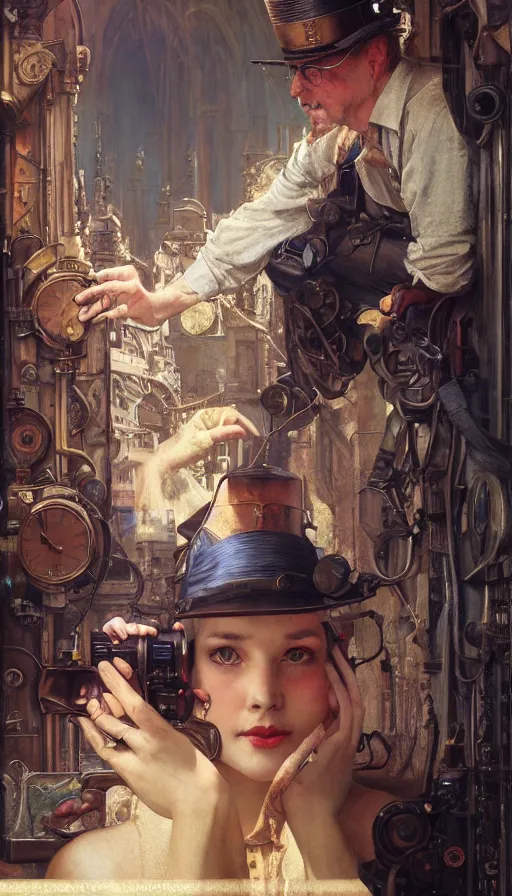 Image similar to hyper realistic photographer looking through camera towards viewer, magical, steampunk, painted by james gurney, norman rockwell, tom bagshaw, mucha, gaston bussiere, craig mullins, j. c. leyendecker 8 k