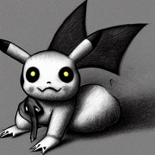 Image similar to a photorealistic render of pikachu as a character from a tim burton movie. Gothic. Detailed.