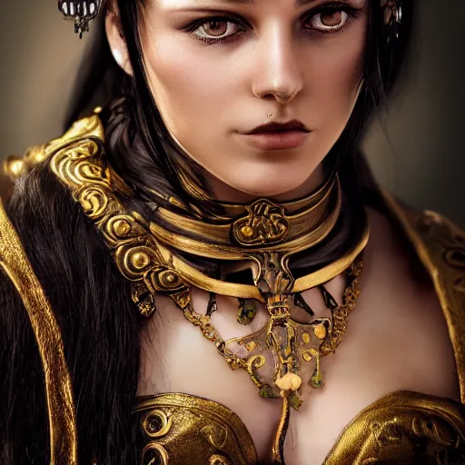 Image similar to beautiful female cleric with long black hair and a golden eye, focus on face, jewellery, piercings, fantasy, medieval, still, photograph, highly detailed, cinematic, romani descent, dramatic, dynamic lighting, award winning, masterpiece, trending on artstation