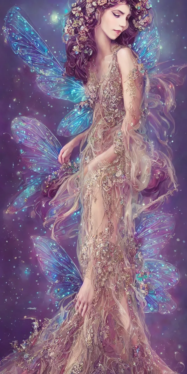 Prompt: full body portrait of a beautiful fairy queen with ornate bejewelled long dress by Anna Dittmann and Rossddraws, digital art, trending on artstation, anime arts, featured on Pixiv, HD,8K, highly detailed, good lighting, beautiful, fairy, epic, masterpiece.