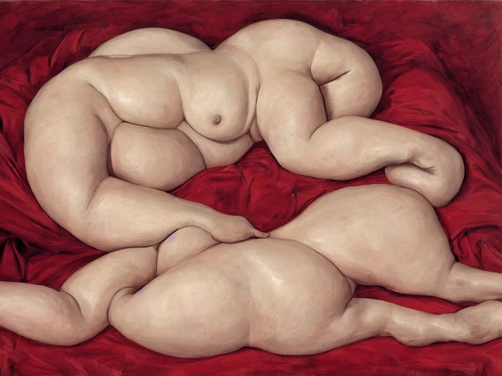 Image similar to Jenny Saville curvy female body on a red bed