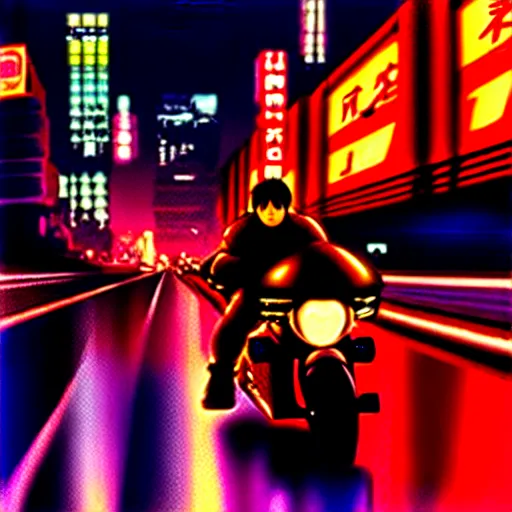 Image similar to kaneda on his motorcycle in neo tokyo looking for akira, night, neon lights, speed, art by katsuhiro otomo, ultra detailed, 8 k