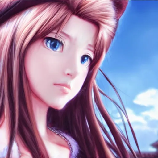 Prompt: featured on artstartion hyperrealistic anime aerith gainsborough