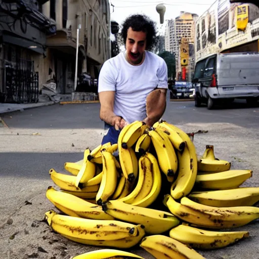 Prompt: zohan dvir building a stack of bananas on the ground