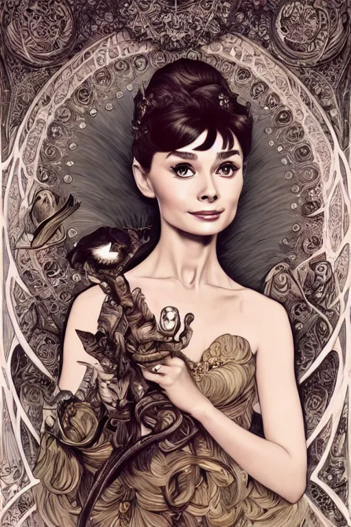 Prompt: Audrey Hepburn, cute, fantasy, intricate, elegant, highly detailed, digital painting, 4k, HDR, concept art, smooth, sharp focus, illustration, art by artgerm and H R Giger and alphonse mucha