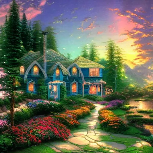 Prompt: the most beautiful, futuristic house, sunset and nature in background, Thomas Kinkade painting