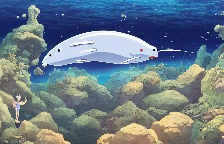 Prompt: a realistic studio ghibli cell - shaded cartoon showing an eel submarine swimming in front of a white pyramid underwater at the bottom of the sea. shafts of sunlight come from above. wide shot, very dull muted colors, hd, 4 k, hq