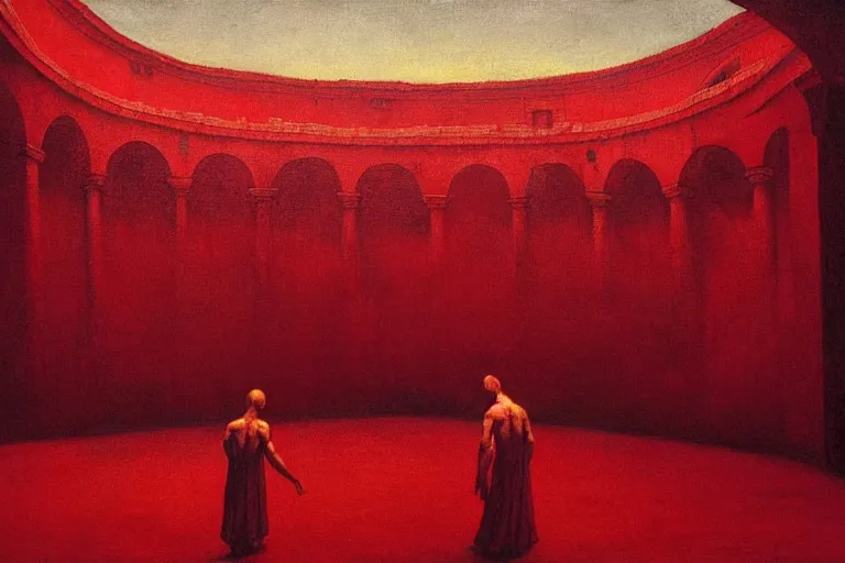 Image similar to only with red, a red melted emperor, taormina amphitheatre, crowd hails him happy, in the style of beksinski, parts by edward hopper, parts by rodcenko, parts by yue minjun, intricate and epic composition, red by caravaggio, insanely quality, highly detailed, masterpiece, red light, artstation, 4 k