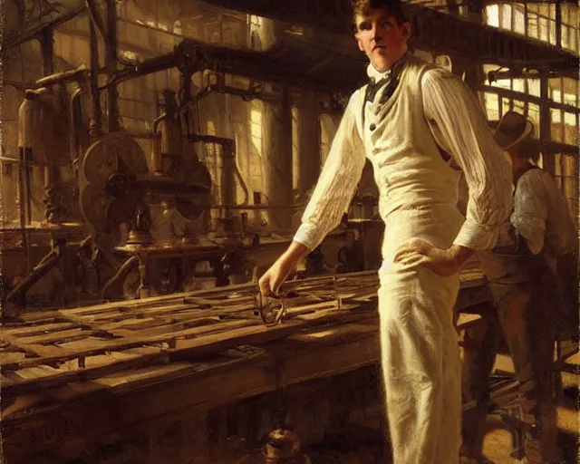 Image similar to attractive man working hard at an 1 9 th century factory. highly detailed painting by gaston bussiere, craig mullins, j. c. leyendecker 4 k