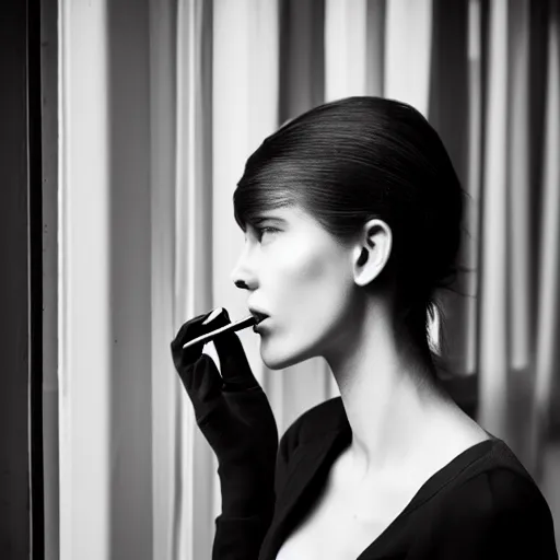 Image similar to black and white fashion photo of a model woman smoking a cigarette by the window