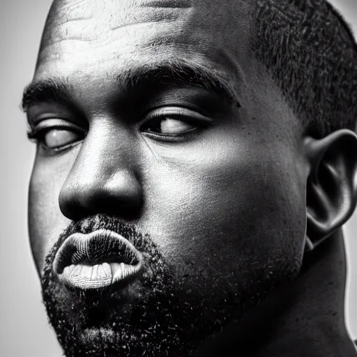 Image similar to the face of young kanye west wearing yeezy clothing at 2 4 years old, black and white portrait by julia cameron, chiaroscuro lighting, shallow depth of field, 8 0 mm, f 1. 8