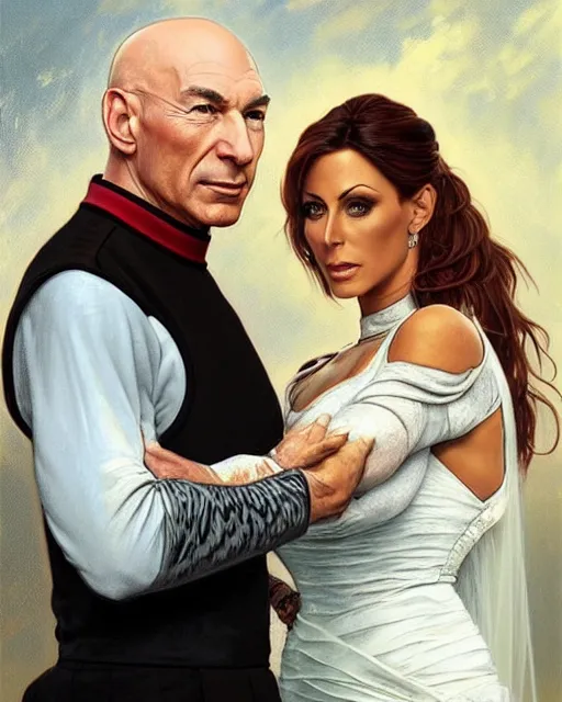 Prompt: Painting of Jean Luc Picard and Jodie Marsh getting married, real life skin, intricate, elegant, highly detailed, artstation, concept art, smooth, sharp focus, art by artgerm and greg rutkowski and alphonse mucha