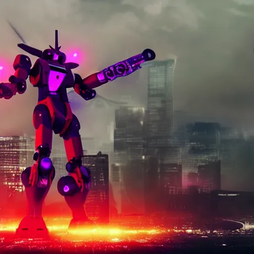 Image similar to Nostalgic Daguerreotype photo of Futuristic Kaiju Evangelion-Gundam Mecha Robot guarding futuristic cyberpunk Tokyo city, misty xparticles. blacklight neon glow. Hyperrealism