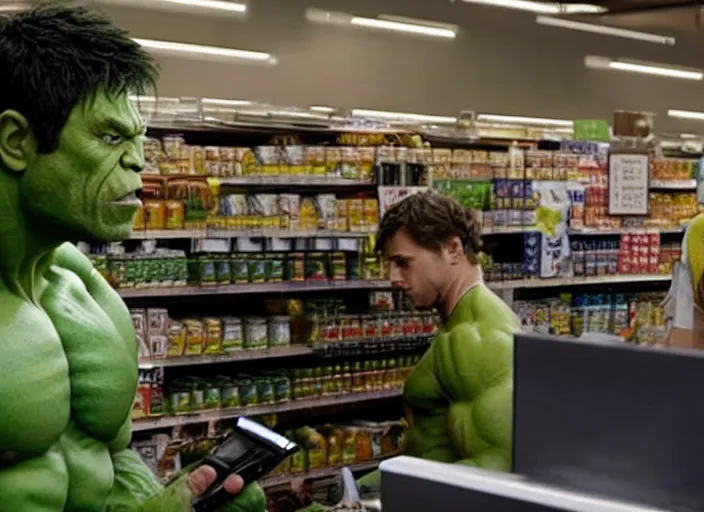 Prompt: film still of hulk working as a cashier in a grocery store in the new avengers movie, 4 k