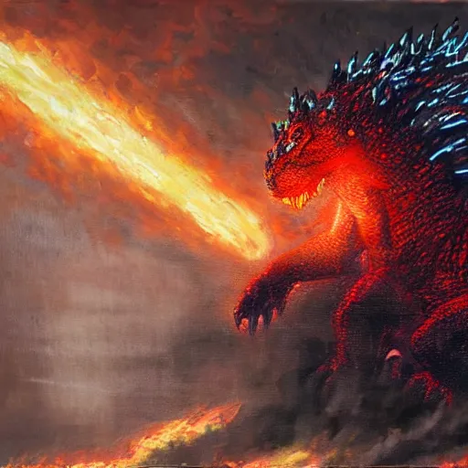 Prompt: oil painting of godzilla conquering e destroying a city, cinematic lighting