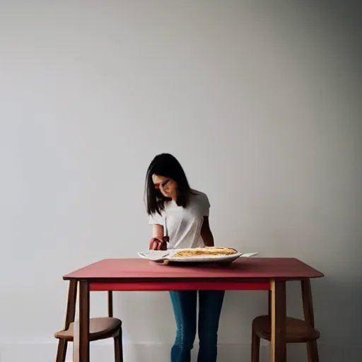 Image similar to a beautiful girl cooks delicious pancakes in a minimalist kitchen with white walls, a red oak table.