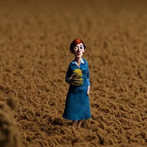 Prompt: a cinematic film still of a claymation stop motion film starring anne hathaway as female farmer, shallow depth of field, 8 0 mm, f 1. 8