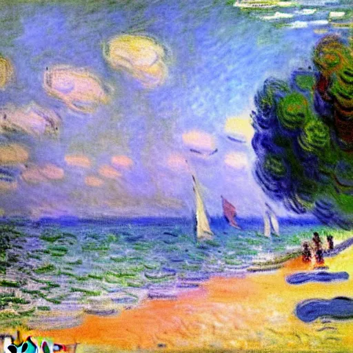 Image similar to Stunning post-impressionist painting of a day at the beach by Claude Monet