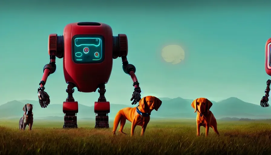 Prompt: tall cute robot with their best friend labrador, by Simon Stalenhag, unreal engine, octane render, 8k, rule of thirds