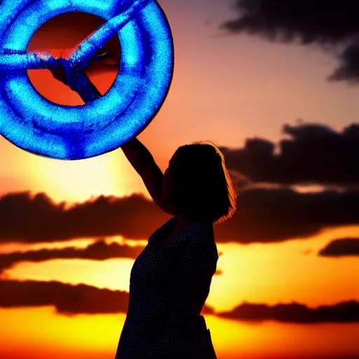 Image similar to a woman facing a blue energy portal on the street, which shows a beach at sunset