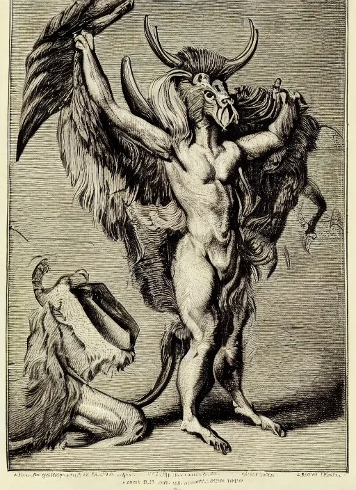 Prompt: a creature with the body and eyes of a man, with the beak of an eagle, the mane of a lion, and the horns of an ox. drawn by francis bacon