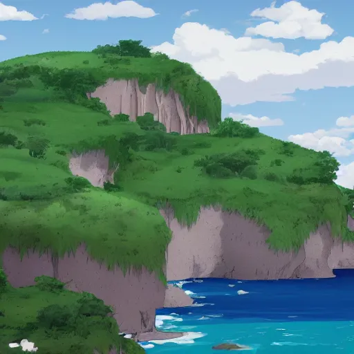 Image similar to an island floating in the air, the island is rocky and bare with some vegetation, waterfalls left from the island flowing into the sea, highly detailed, animated, lovely, dreamy, morandi colour scheme, strong light and shadow atmosphere, painted by ghibli