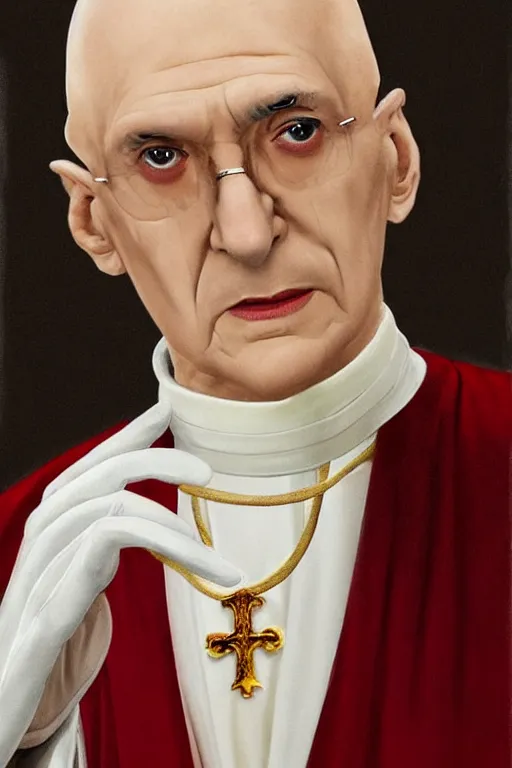 Prompt: a bald pale sorcerer in his late ninetees. stately and dour in his expression. eyeliner accentuates his sunken eyes. a high black turtleneck covers his thin neck. opulent white golden red robe. white leather gloves with gold decoration, his face a mix of steeve jobs and benedict xvi, sharp focus, art by magali villeneuve