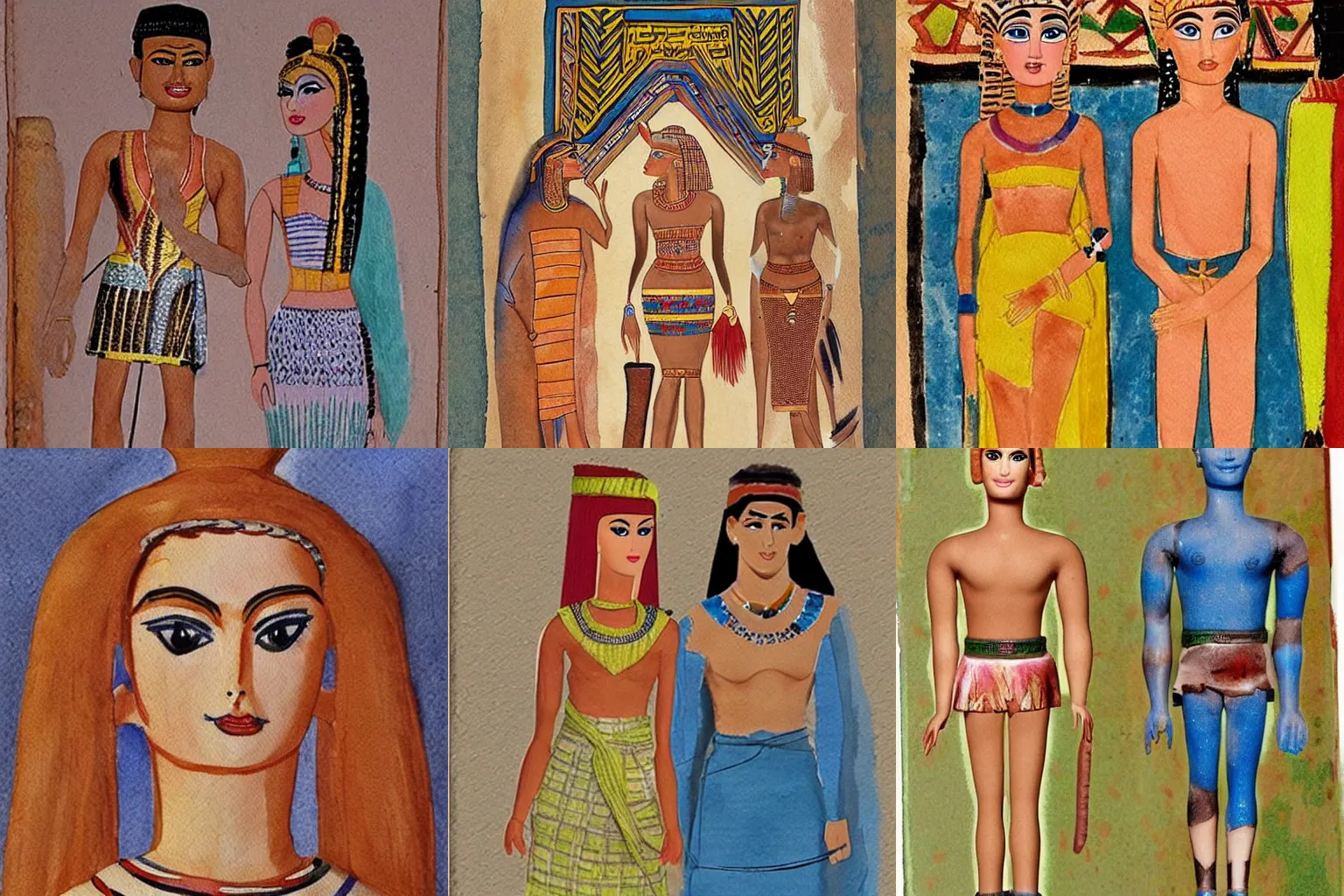 Prompt: Barbie or Ken doll, watercolor and ink, art in the style of Mesopotamia 3000 to 4000 BCE and Protoliterate period, art by Yahya ibn Mahmud al-Wasiti and Firyal Al-Adhamy