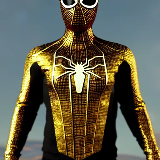 Image similar to gold spider - man suit with black web lining, cinematic, volumetric lighting, realistic, hyperdetailed, photorealistic, photograph