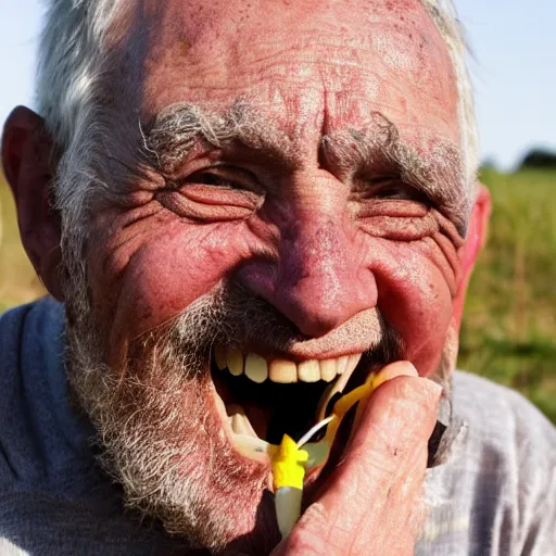 Prompt: a happy old man eating mud