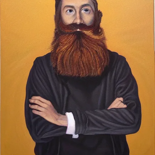 Prompt: bearded beautiful man, broad brush, dry brush, quadratic colour scheme oil on canvas, by joshua miels