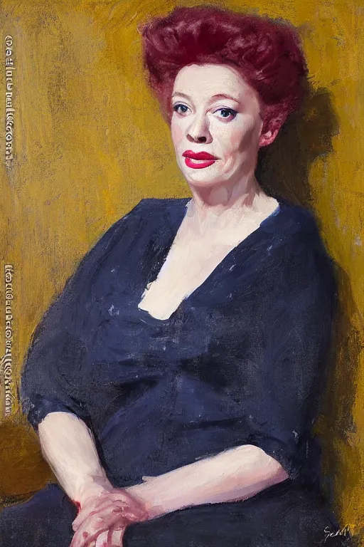 Image similar to painterly portrait, amanda blake as miss kitty by Solomon Joseph Solomon and Richard Schmid and Jeremy Lipking and chuck close