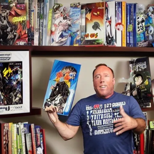 Image similar to alex jones shows off his anime collection.