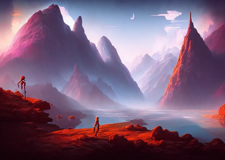 Image similar to quest for glory, a digital rendering of scenes from the sierra video game by michael flohr, inspired by tom bagshaw, instagram contest winner, futurism, matte painting, outrun, terragen