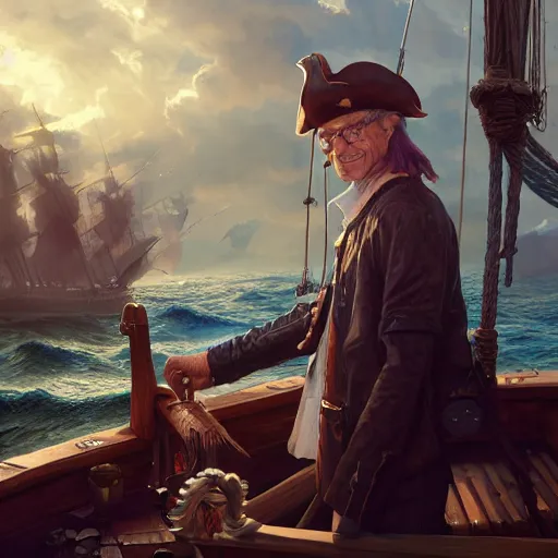 Image similar to bill gates on a pirate ship, highly detailed vfx portrait, unreal engine, greg rutkowski, loish, rhads, caspar david friedrich, makoto shinkai and lois van baarle, ilya kuvshinov, rossdraws, elegent, tom bagshaw, alphonse mucha, global illumination, detailed and intricate environment.