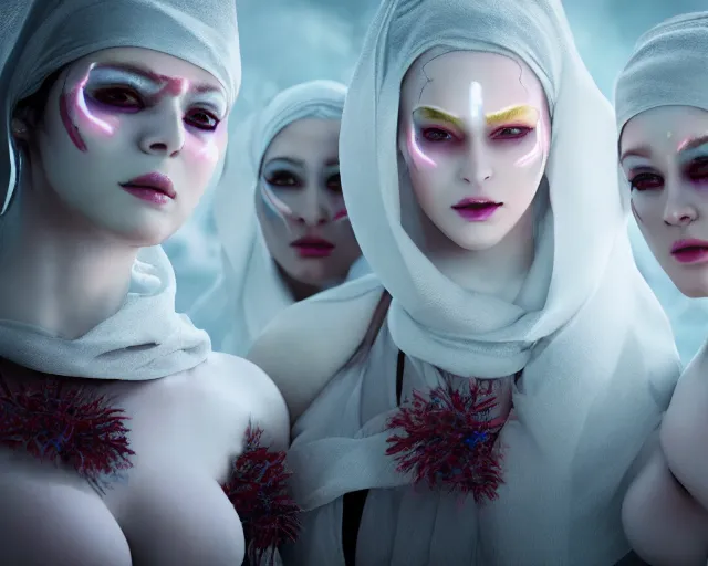 Prompt: a film still of three synthetic female human oracles wrapped in white cloth, beautiful, facepaint, neotokyo, cinematic lighting, high resolution, 4 k