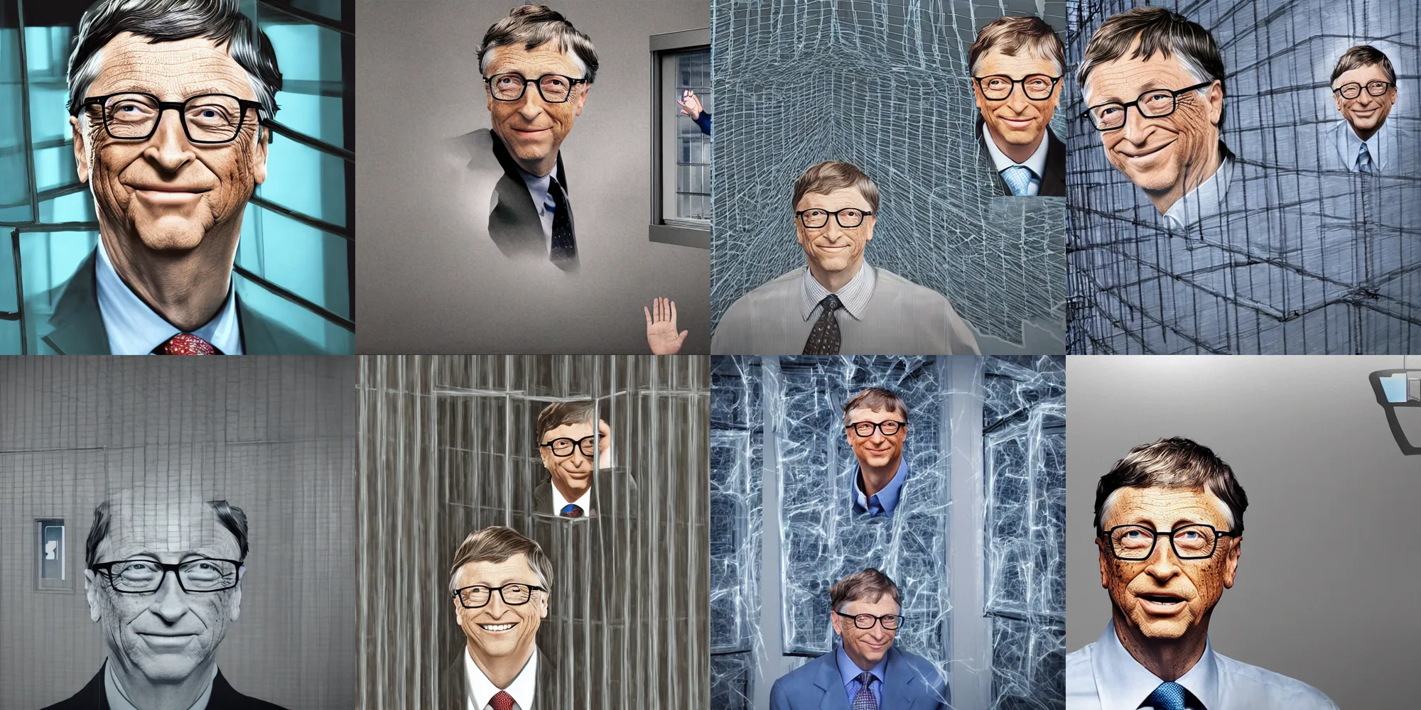 Prompt: linkedin portrait of bill gates trapped in a inside of windows 95, a prison of his own making