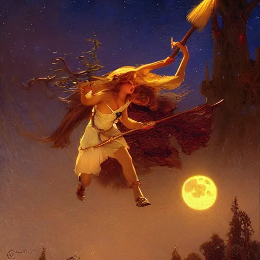 Image similar to witch flying with a broom, trough the night, fantasy, full moon in background. highly detailed painting by gaston bussiere, craig mullins, j. c. leyendecker 8 k