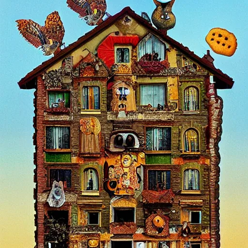 Image similar to a house with a tower, owl, birds, cheese, lowbrow in the style of mark ryden and gioseppo arcimboldo,