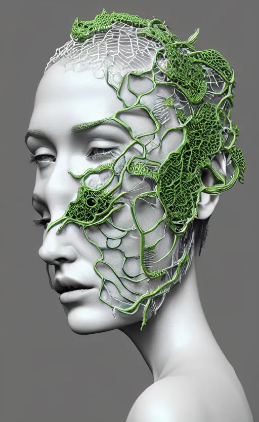 Image similar to complex 3d render ultra detailed of a beautiful porcelain profile woman face, green hazel eyes, vegetal dragon cyborg, 150 mm, beautiful natural soft light, rim light, silver niobium details, magnolia big leaves and stems, roots, fine lace, maze like, mandelbot fractal, anatomical, facial muscles, cable wires, microchip, elegant, white metallic armor, octane render, black and white, H.R. Giger style