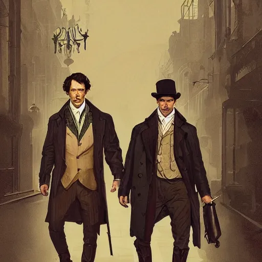 Image similar to [Sherlock Holmes and Watson as GTA characters, intricate, elegant, graphic detail, digital painting, trending on artstation, concept art, tonalism, sharp focus, illustration, art by Miguel Vasquez and Greg Rutkowski and Alphonse Mucha]