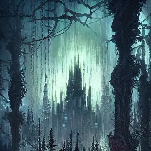 Image similar to a city high in a fairy tale forest in the style of cyberpunk in the style of dark fantasy art Trending on artstation DeviantArt Pinterest Photorealistic HD 8k highlights and shadow detailed High Resolution