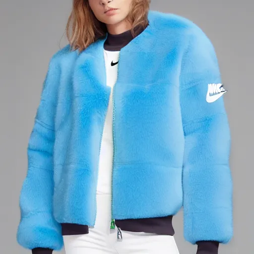 Prompt: nike jacket made of very fluffy blue faux fur : : with a reflective iridescent nike logo, professional advertising, overhead lighting, heavy detail, realistic