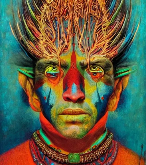 Image similar to Portrait painting in a style of Beksinski mixed with Alex Grey of an old shaman dressed in a colorful traditional clothes. Symmetry