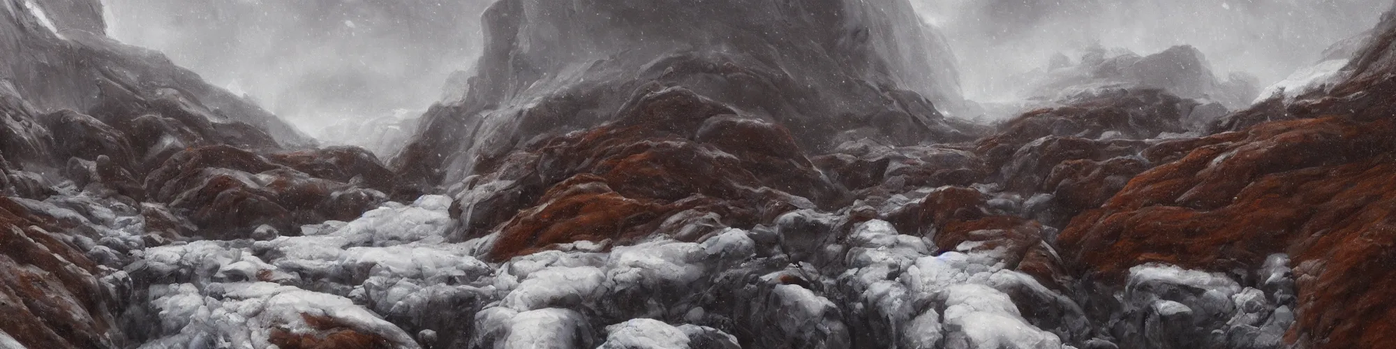 Prompt: classical oil painting of icy glacial canyon with black rock, brown grass, refracting ice, snowing, fog, ambient light, hyperrealism, fine detail, 8 k, fantasy, trending on artstation, stylistic, brush strokes, oil, canvas, by kawacy and makoto shinkai